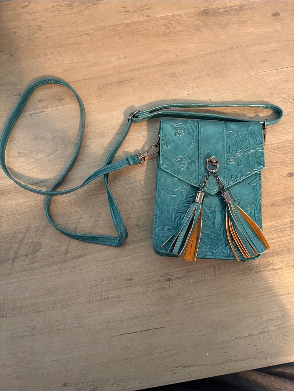 Teal Embossed Crossbody Bag with Tassel Accents - Women